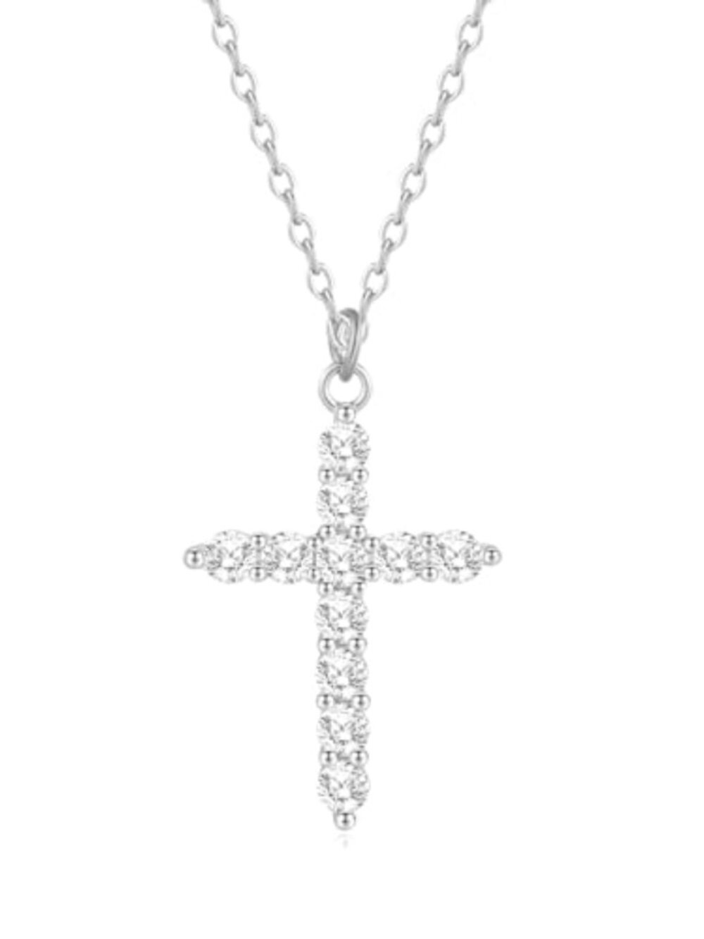 Sterling Silver Cross Necklace Cubic Zirconia Pendant 17+2 Inch Dainty